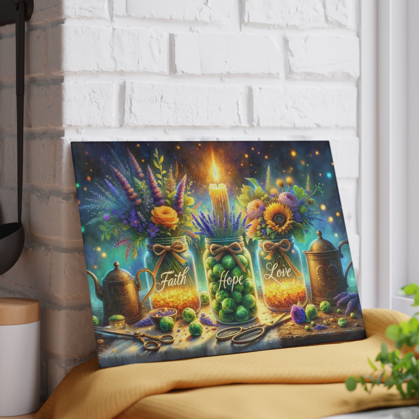 🕯️🌼 “Faith • Hope • Love” Mason Jar Glass Cutting Board – Warm Glow for Your Kitchen