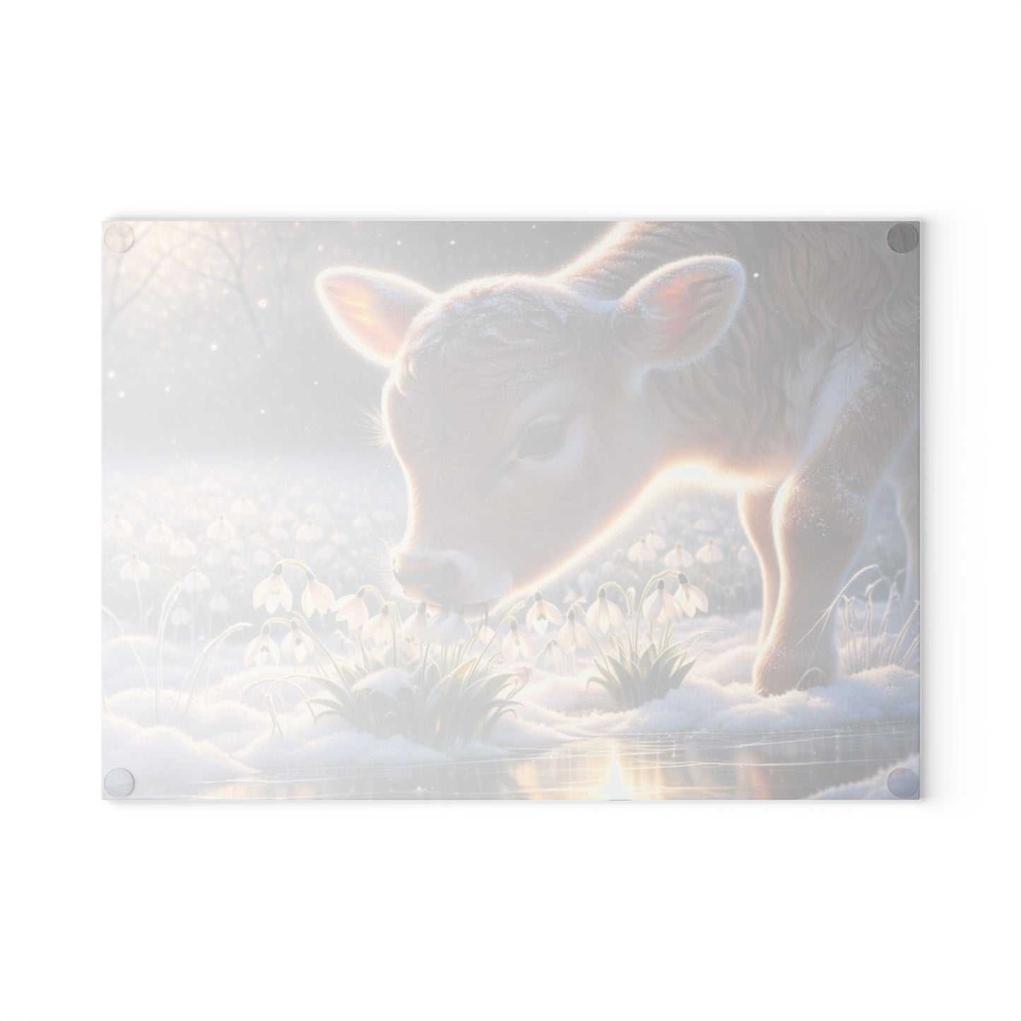 Frosted Meadow Calf Glass Cutting Board – Whimsical Winter Farm Art