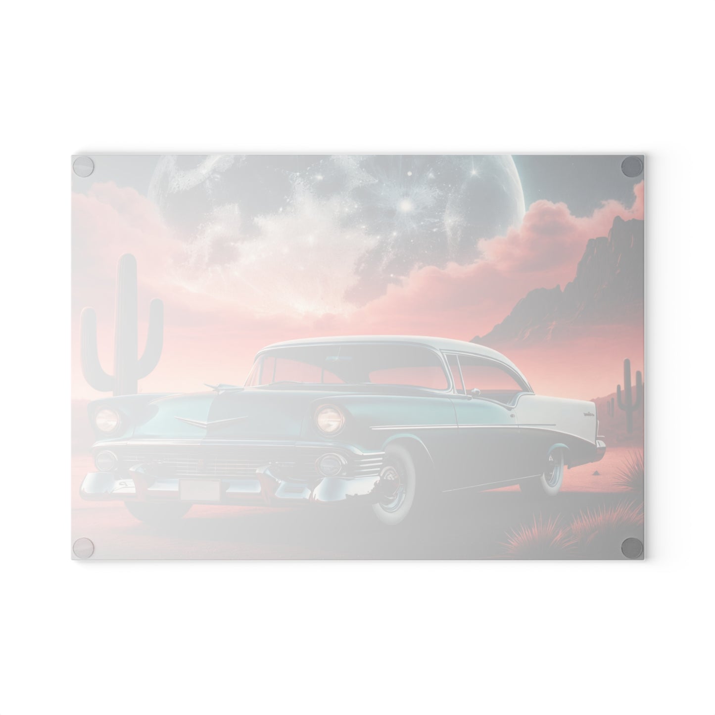Vintage Desert Drive Glass Cutting Board – Retro Car Artwork with Southwestern Sunset