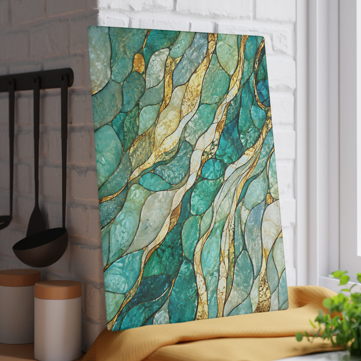 Aqua & Gold Stained-Glass-Inspired Glass Cutting Board – Abstract Kitchen Decor