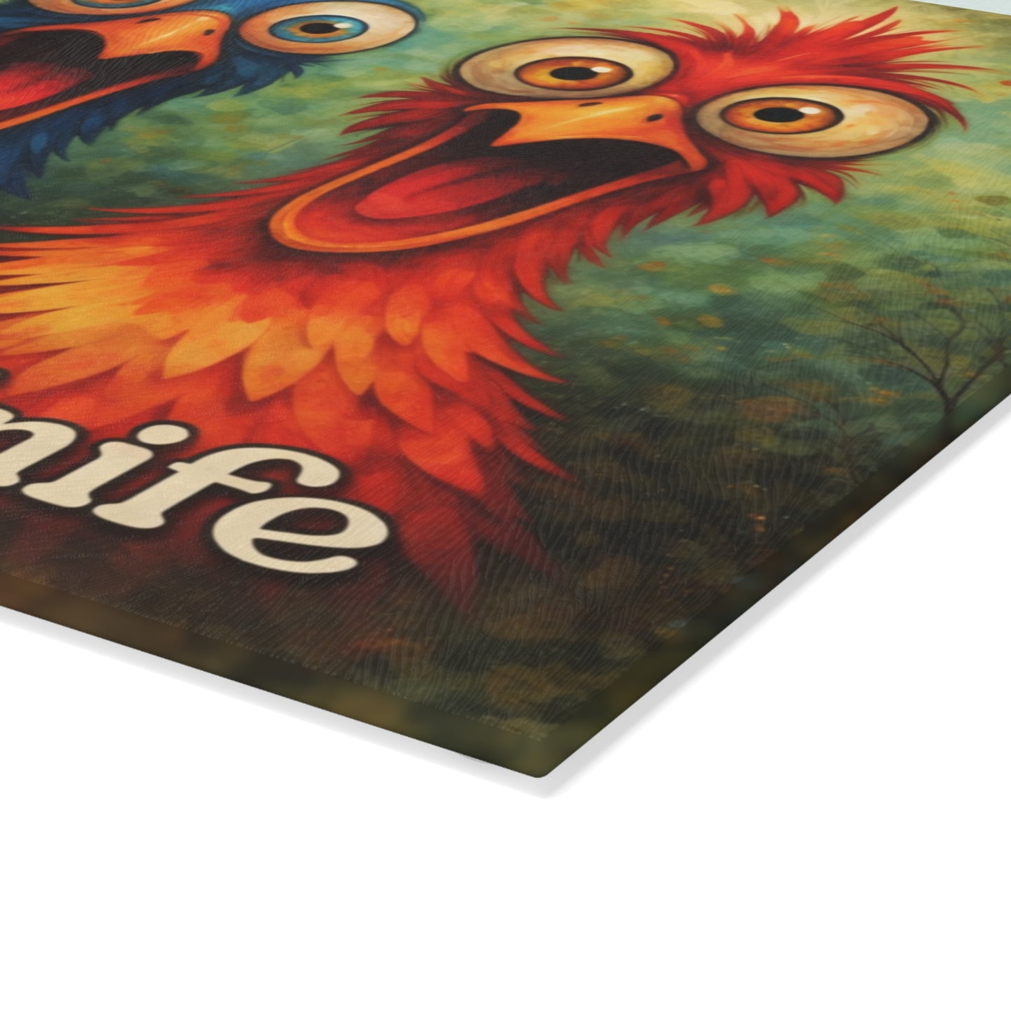 She’s Got a Knife Glass Cutting Board – Colorful Chicken Trio Art with Bold Kitchen Humor