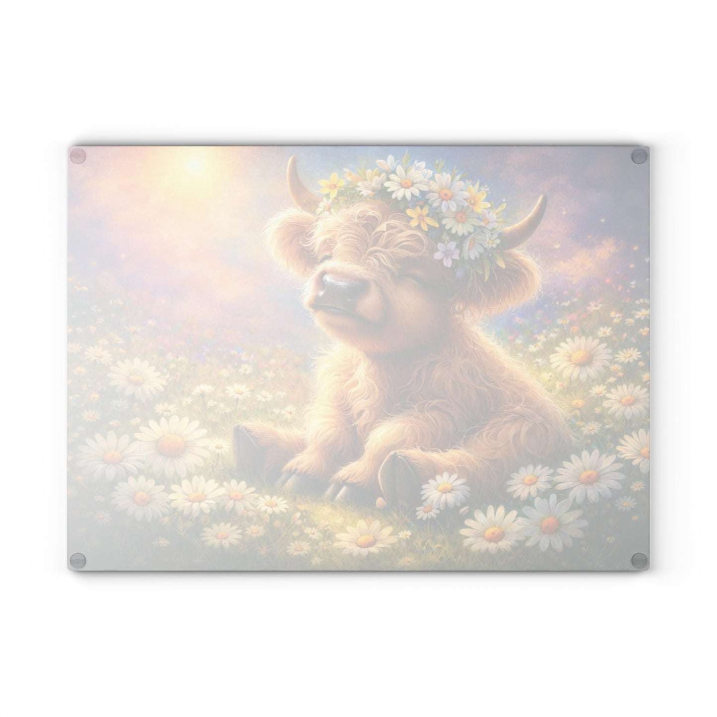 Highland Calf Daisy Meadow Glass Cutting Board – Spring Farmhouse Kitchen Decor with Floral Crown Cow Design