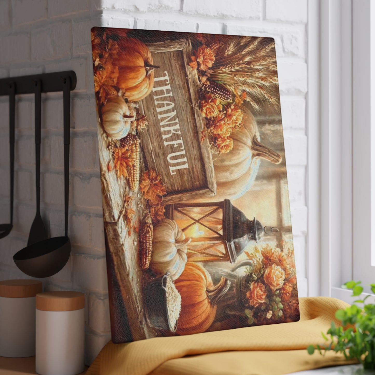 🎃🕯️ “Thankful Autumn Vignette” Glass Cutting Board – Cozy Charm for Your Kitchen