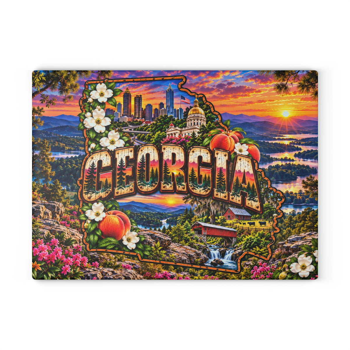 Georgia Glass Cutting Board – Georgia State Map, Atlanta Skyline, Peach Blossoms, Covered Bridge & Mountain Sunset Kitchen Décor