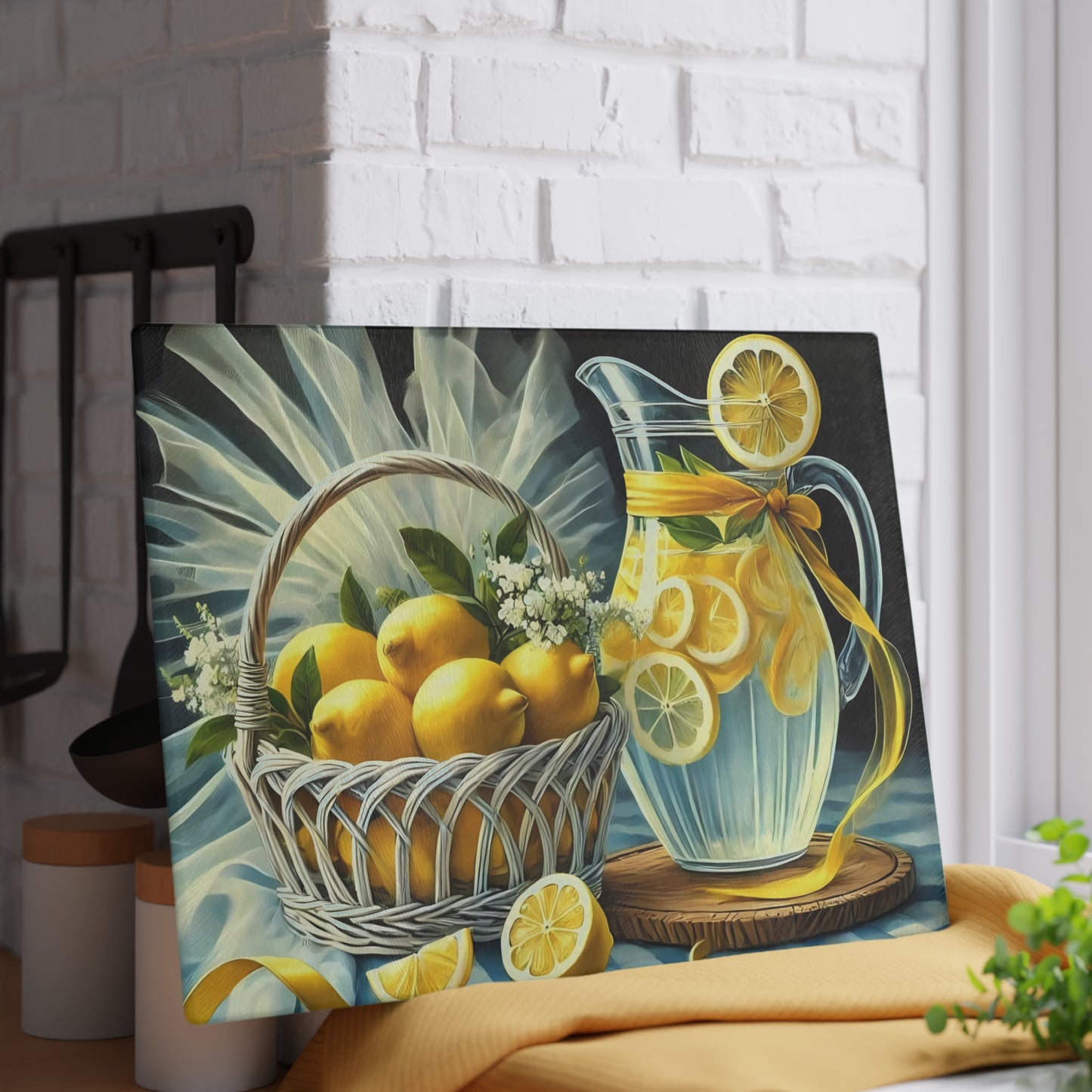 Tabla de cortar de limón, decoración de cocina cítrica, estilo rústico de granja, tabla de cortar de vidrio, decoración de cocina de verano, diseño de limón fresco, idea de regalo