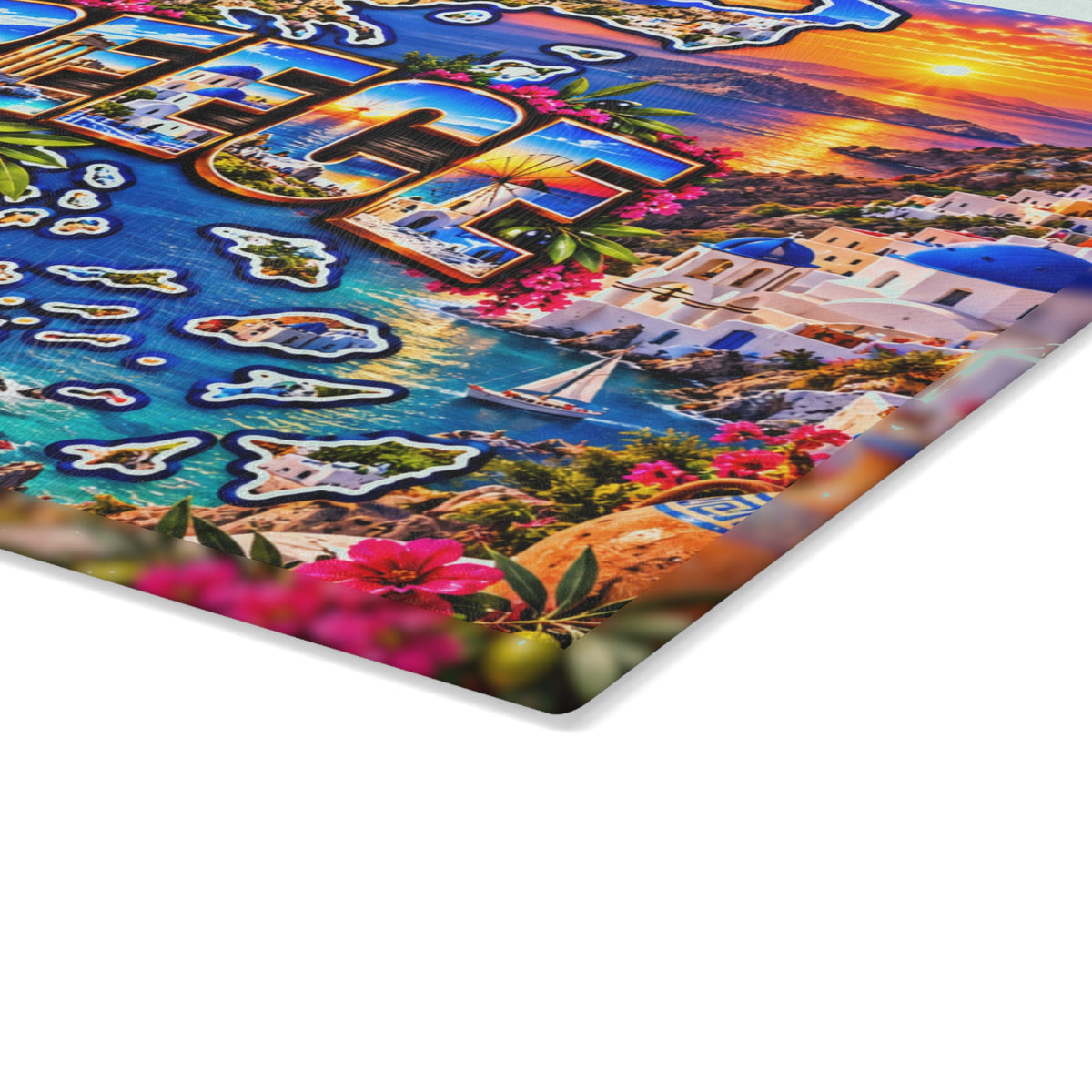 Greece Cutting Board – Greek Islands Map, Santorini Blue Domes, Parthenon, Aegean Sea & Mediterranean Kitchen Décor