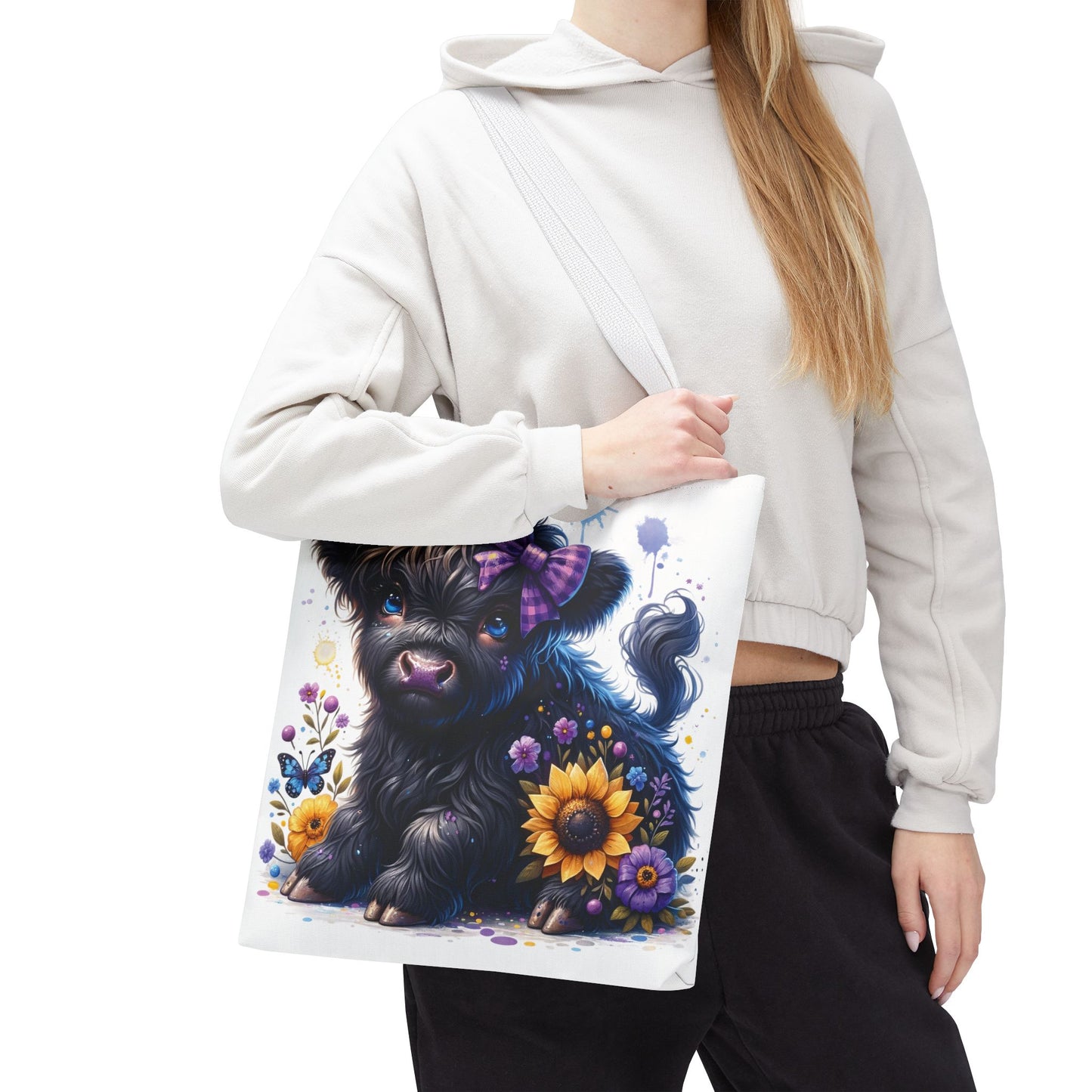 💜 Purple Bow Black Highland Calf Tote Bag – Country Charm with a Pop of Color 🐮👜