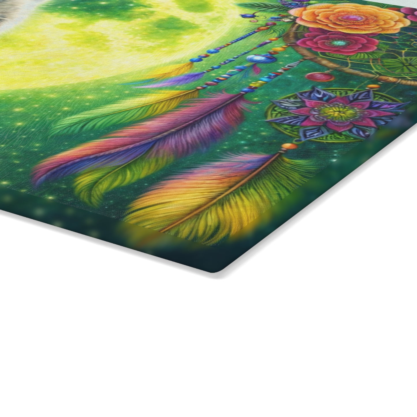 Moonlit Spirit Wolf Glass Cutting Board – Colorful Dreamcatcher Wildlife Kitchen Art