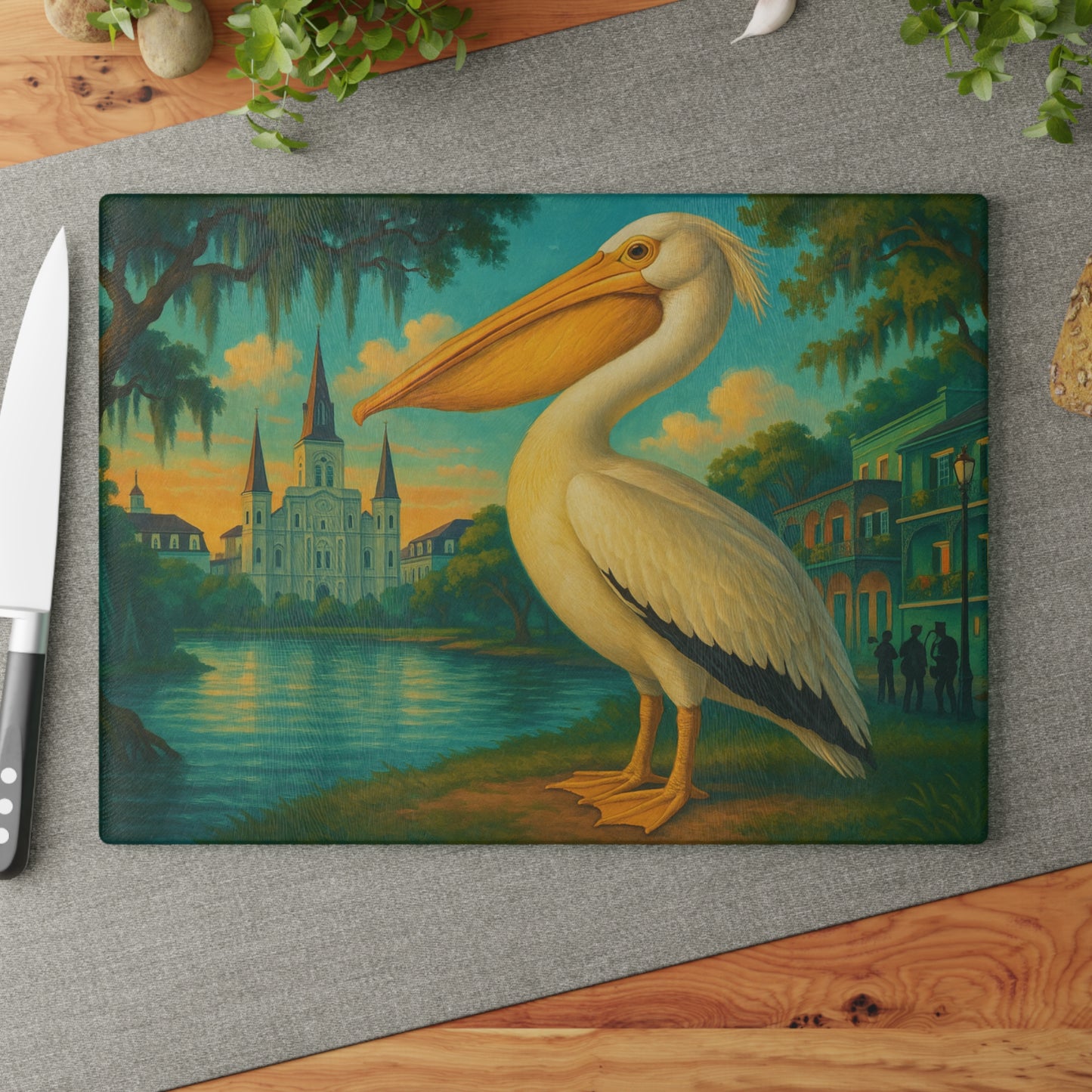 🪶 Pelican at the River – New Orleans Skyline Tempered Glass Cutting Board