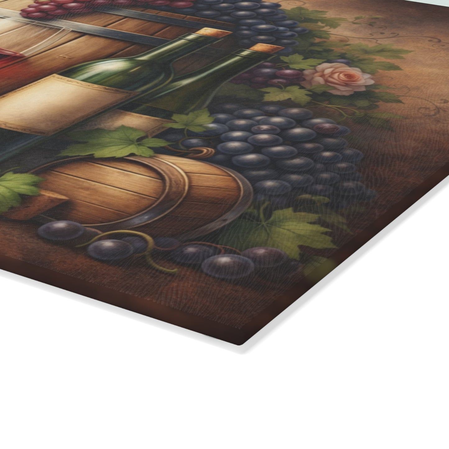 Vintage Vineyard Still Life Glass Cutting Board – Rustic Wine Cellar Artwork for Kitchen Display