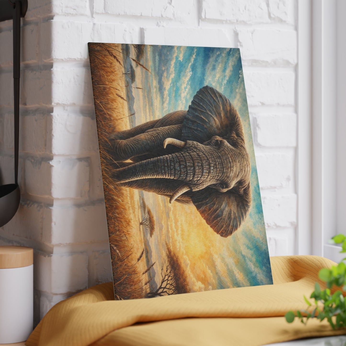 Savanna Guardian Elephant Glass Cutting Board – Dramatic Wildlife Sunset Kitchen Art