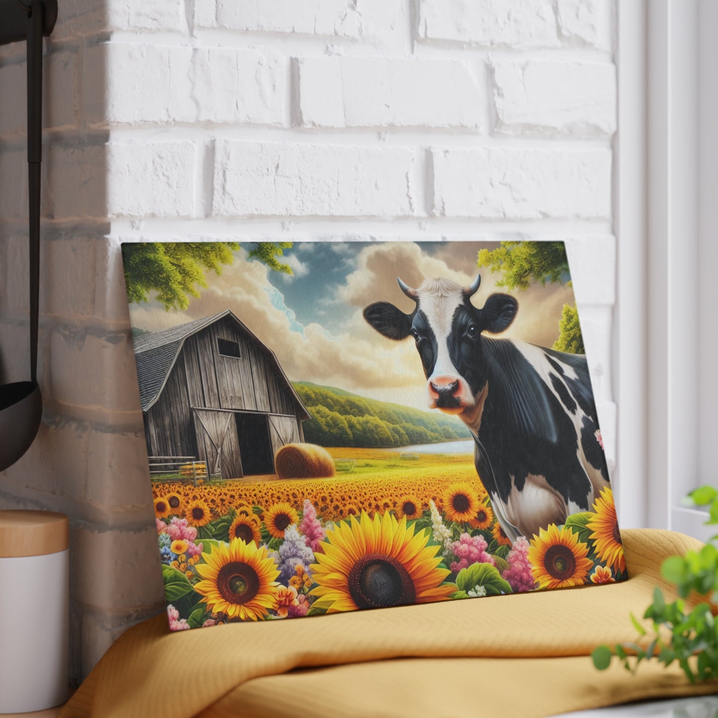 🐄🌻 Black & White Cow in Sunflower Field Glass Cutting Board – Peaceful Barn, Lake & Nature Scene 🌳