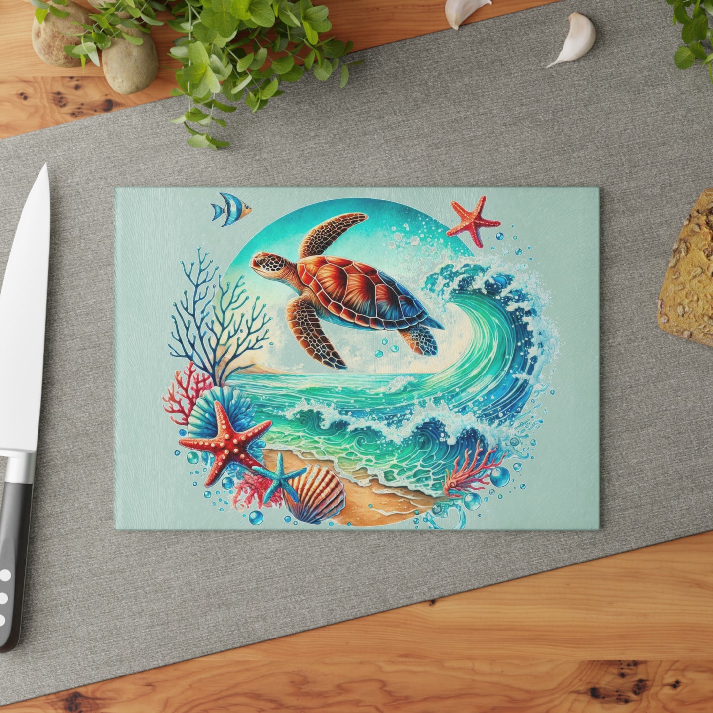 Tabla de cortar con diseño de tortuga y olas del océano: un toque de serenidad y estilo costero