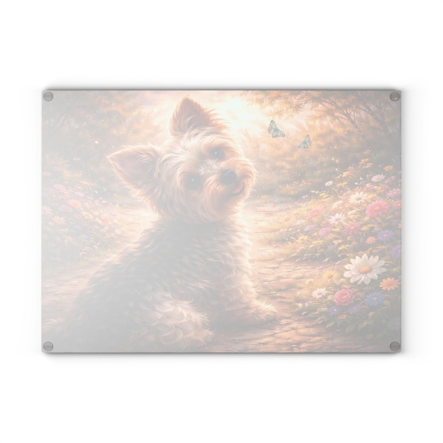 Whimsical Yorkshire Terrier Garden Glass Cutting Board – Personalized Dog Lover Floral Artwork