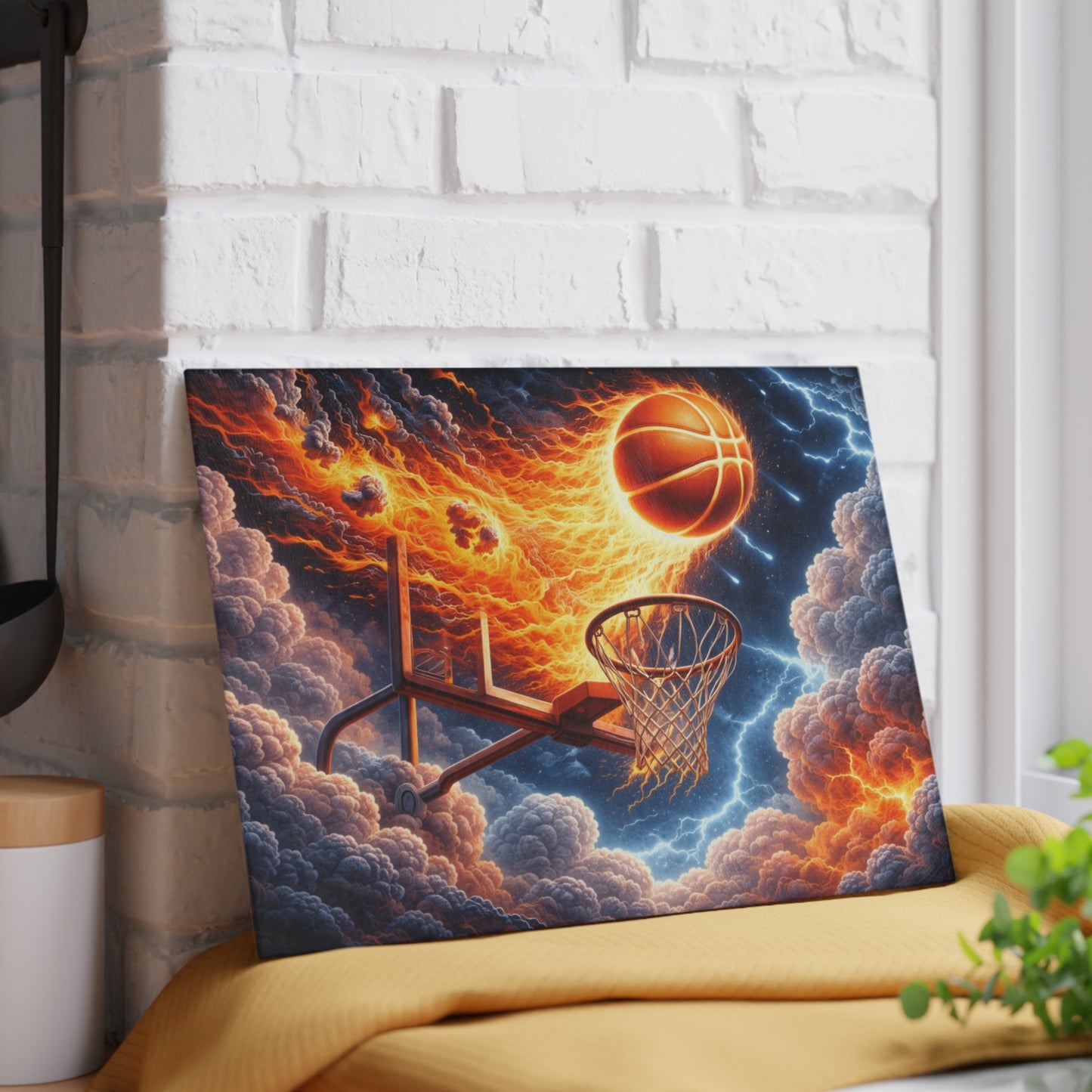 Fiery Basketball Slam Glass Cutting Board – High-Energy Sports Art for Your Kitchen