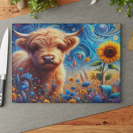 🐮🌻 Whimsy Highland Cow Glass Cutting Board – Floral Fantasy Farmhouse Style