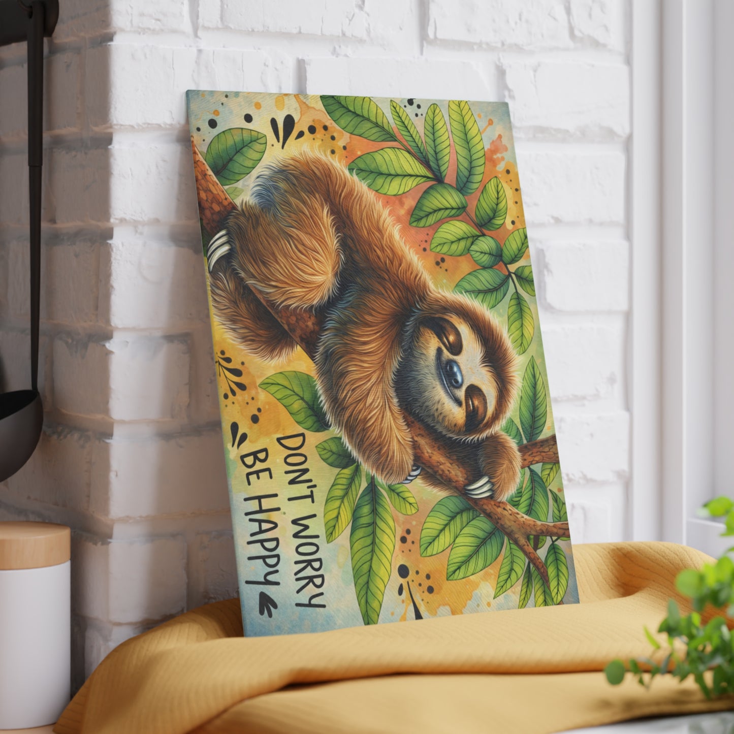 Don’t Worry Be Happy Glass Cutting Board – Whimsical Sloth Artwork