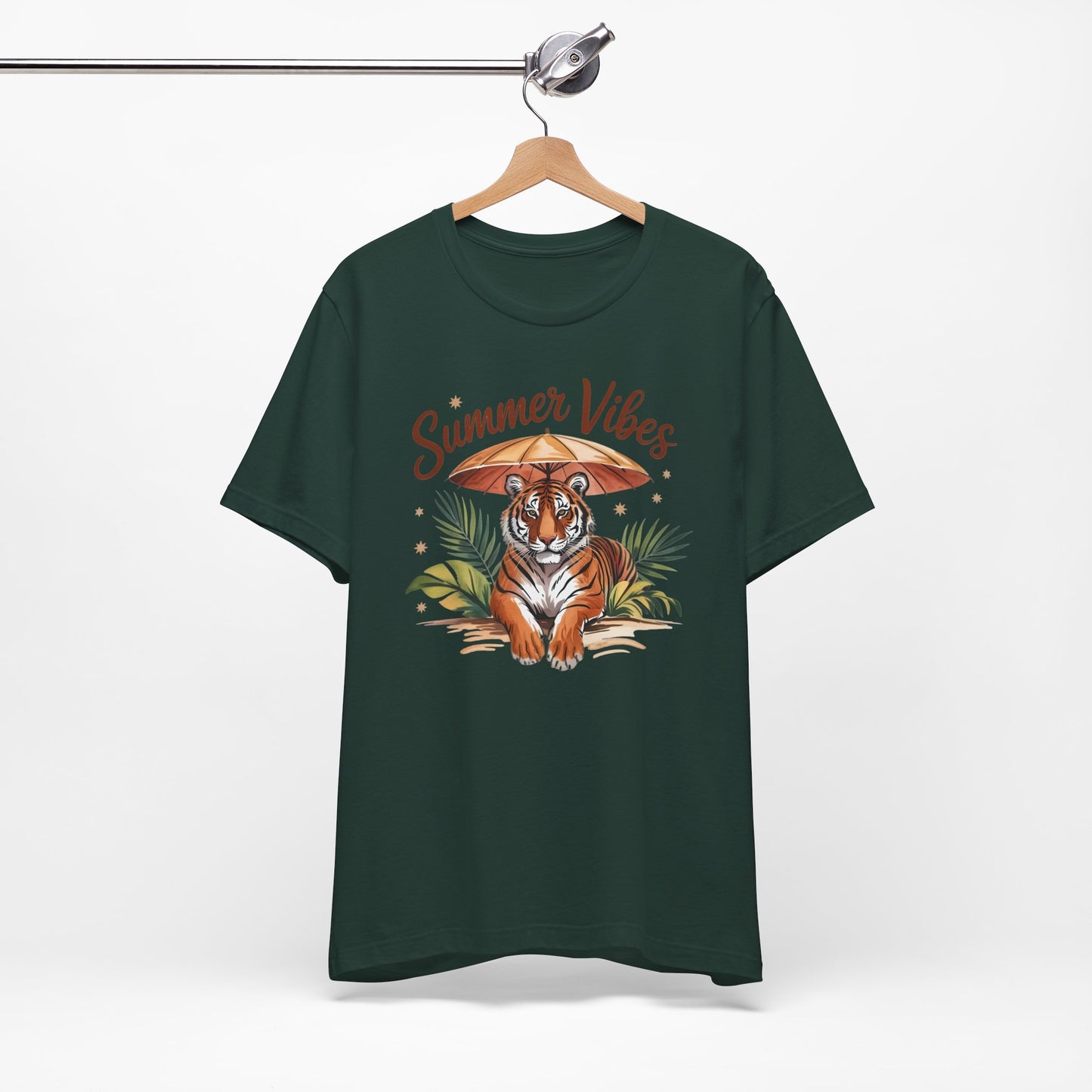 Camiseta Summer Vibes Tiger – Gráfico de palmeras de la selva con paraguas | Múltiples opciones de color