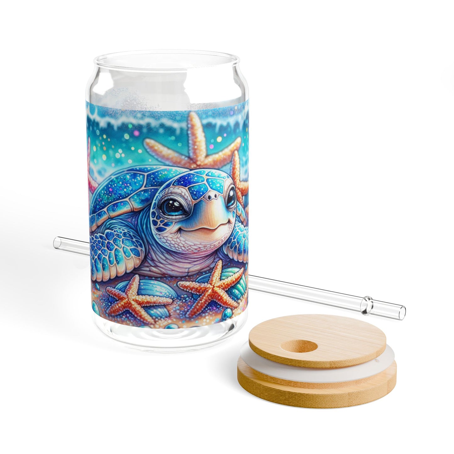 Vaso para sorbos con diseño de tortuga marina con brillo playero: una belleza costera para sorbos de verano.