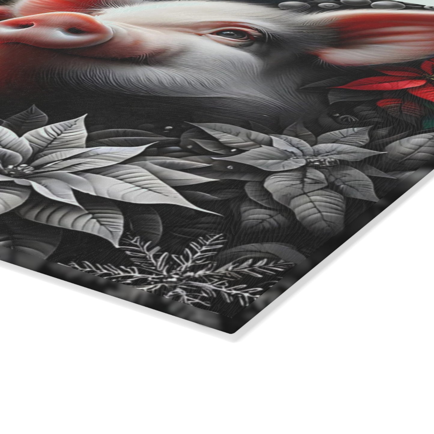 🐷✨ “Holiday Poinsettia Pig” Glass Cutting Board – Festive Farmhouse Cheer for Your Kitchen