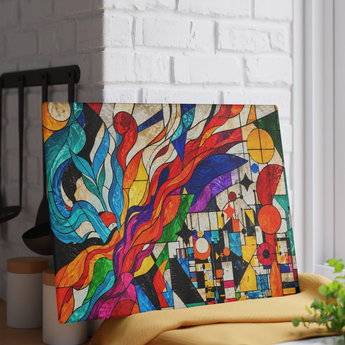 Colorful Abstract Stained-Glass-Look Glass Cutting Board – Modern Geometric Kitchen Decor
