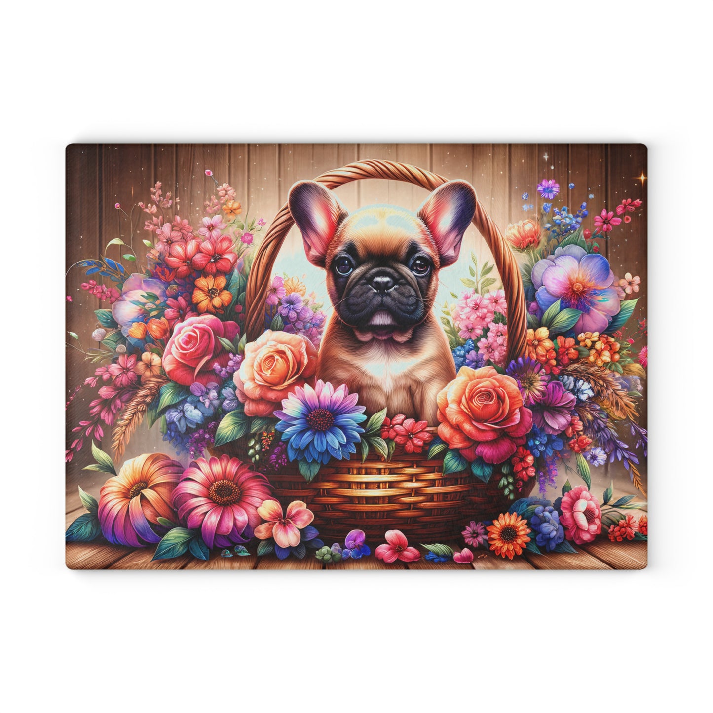 🐾 Fawn French Bulldog in Bloom Basket Cutting Board – Rustic Elegance Meets Frenchie Charm 🌼