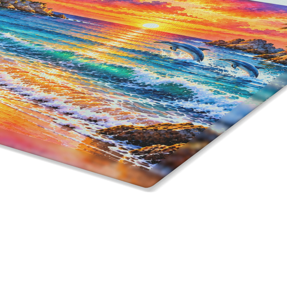 Tropical Sunset Beach Glass Cutting Board – Sea Turtle, Dolphins, Scarlet Ibis & Colorful Island Paradise