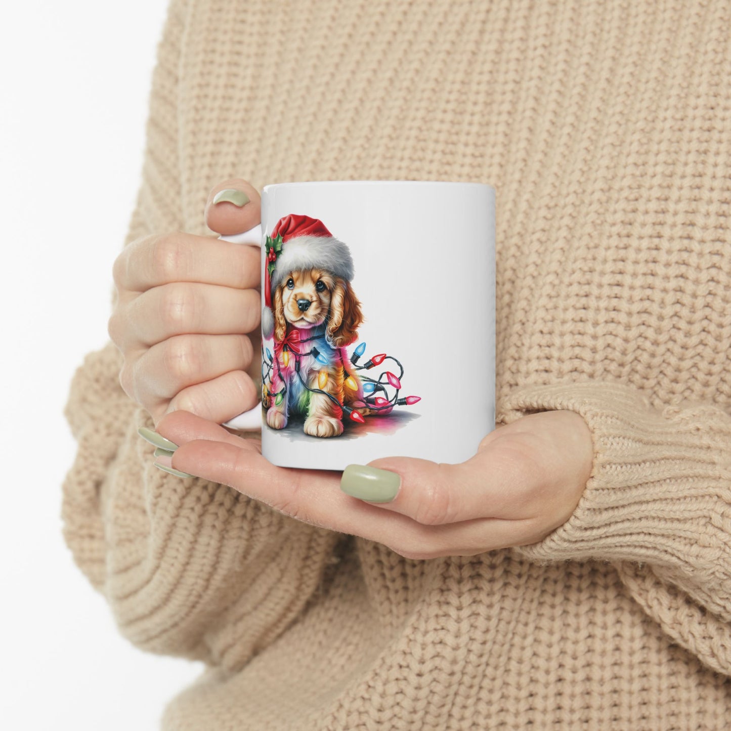 🎁 Cocker Spaniel Christmas Lights Mug – Sweet Holiday Cheer with a Bow 🎄🐶