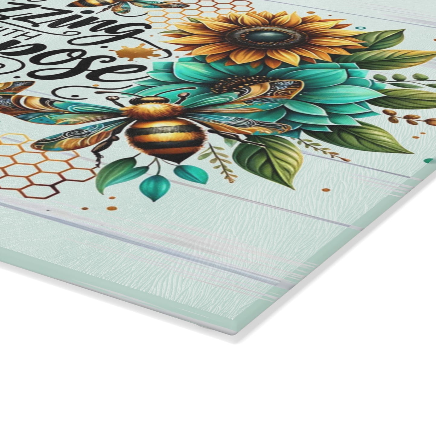 🐝🌻 “Buzzing with Purpose” Glass Cutting Board – Uplift Your Kitchen with Cheer