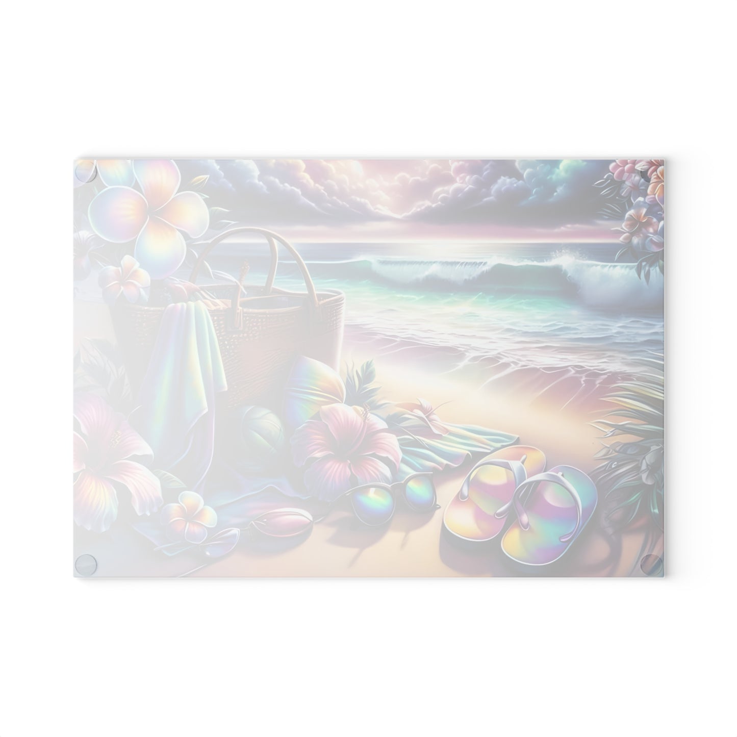 Tabla de cortar de vidrio "Día de Playa Tropical" - Decoración de cocina con ambiente veraniego, decoración costera, arte oceánico, regalo playero, tabla de cortar de vidrio, decoración de cocina tropical, aspecto pintado a mano, escena playera