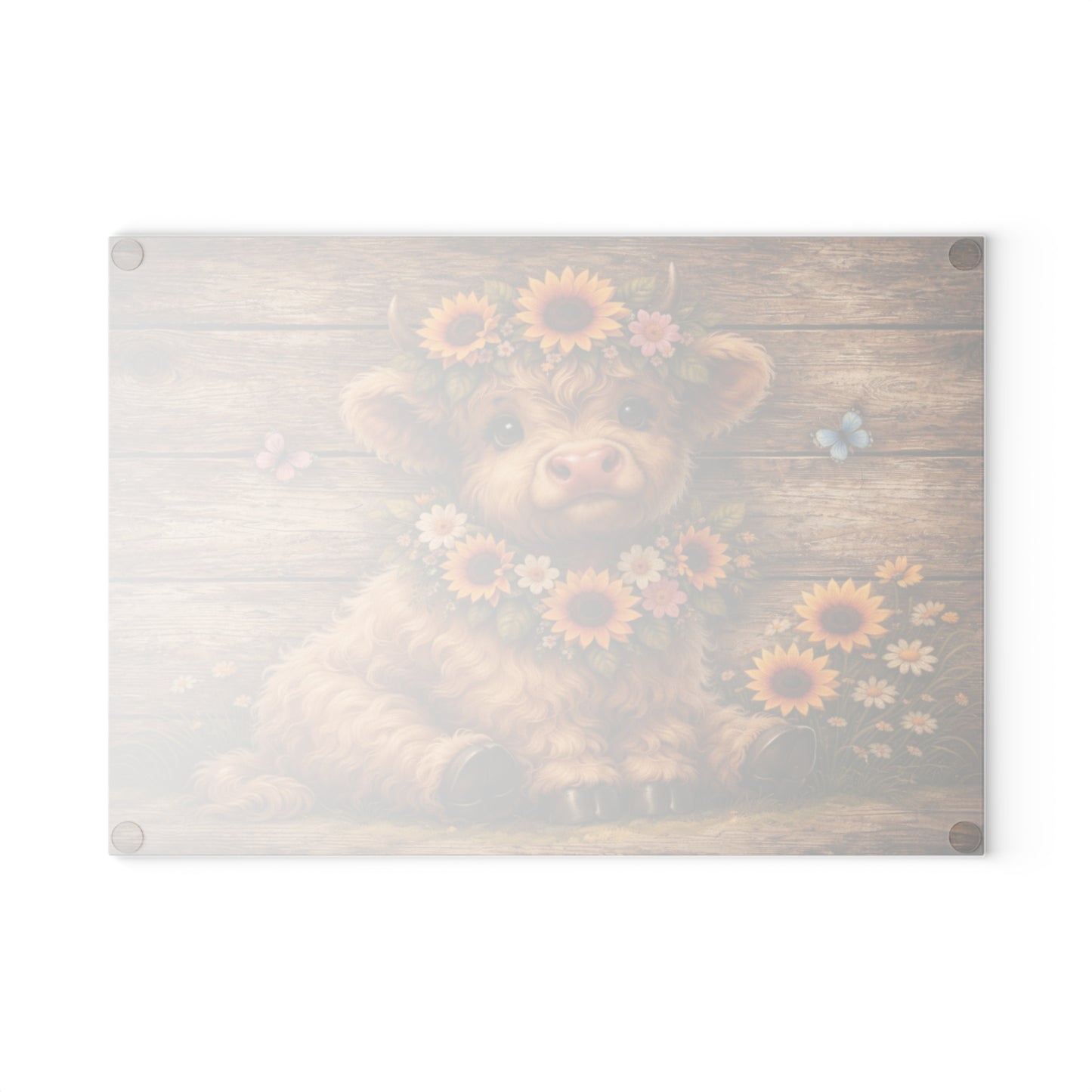 Floral Highland Calf Glass Cutting Board – Rustic Farmhouse Wood Background