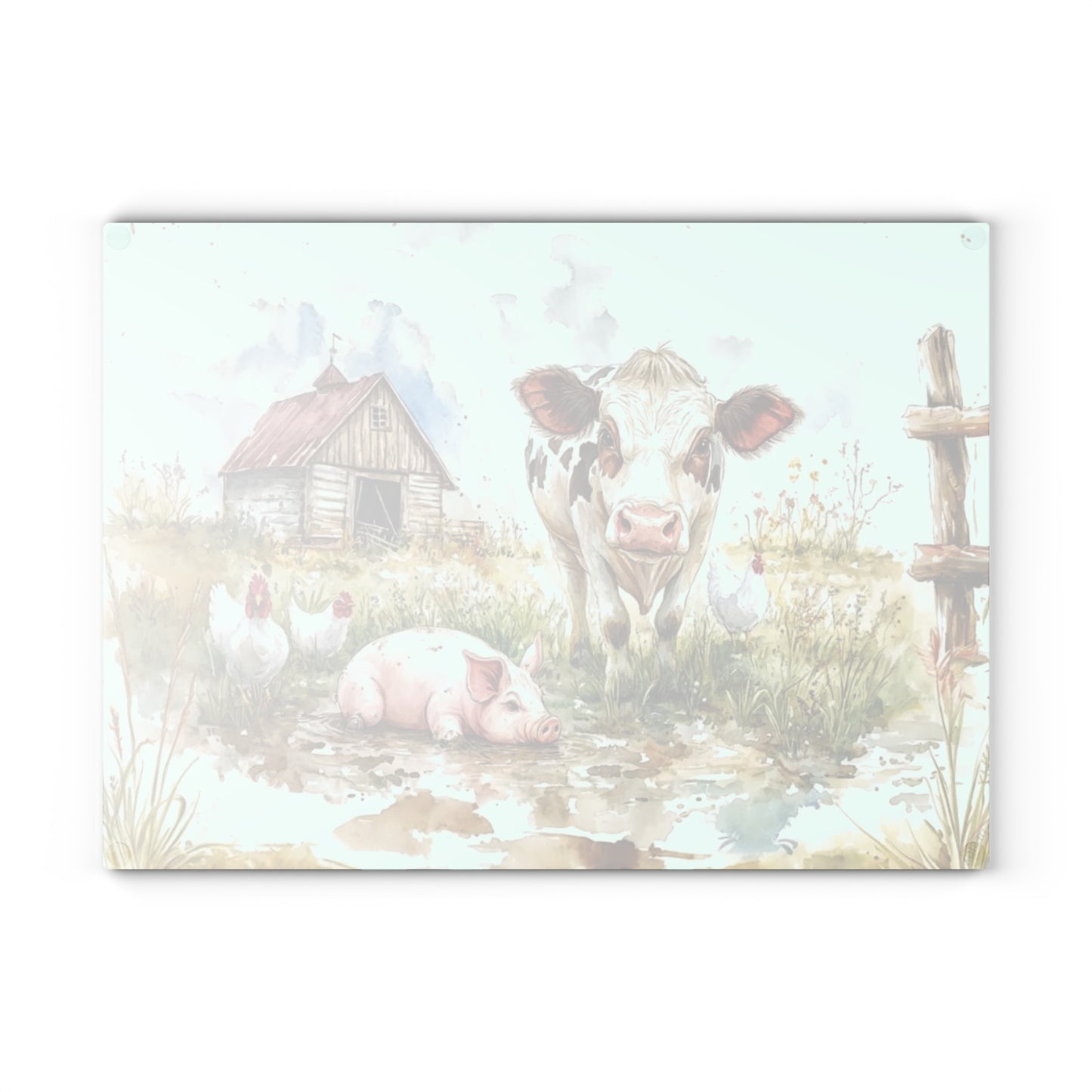 🐮🐷🐔 “Pasture Pals Farm Day” Glass Cutting Board – Sweet Country Scene