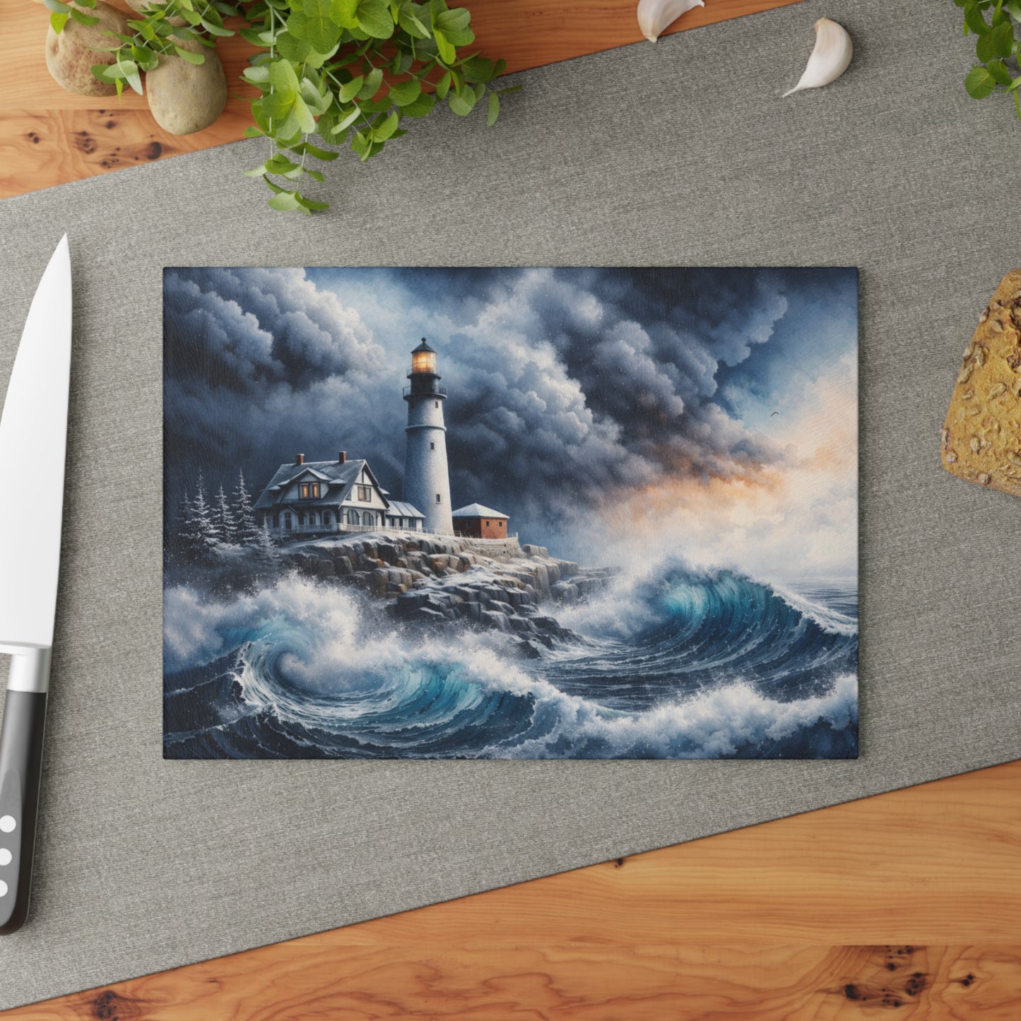 Storm watch Lighthouse Glass Cutting Board – Dramatic Coastal Ocean Art