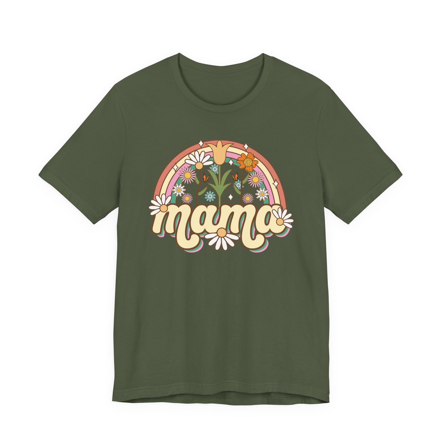 🌼🌈 Retro Floral Mama T-Shirt – Boho Rainbow Graphic Tee for Moms 🌻✨