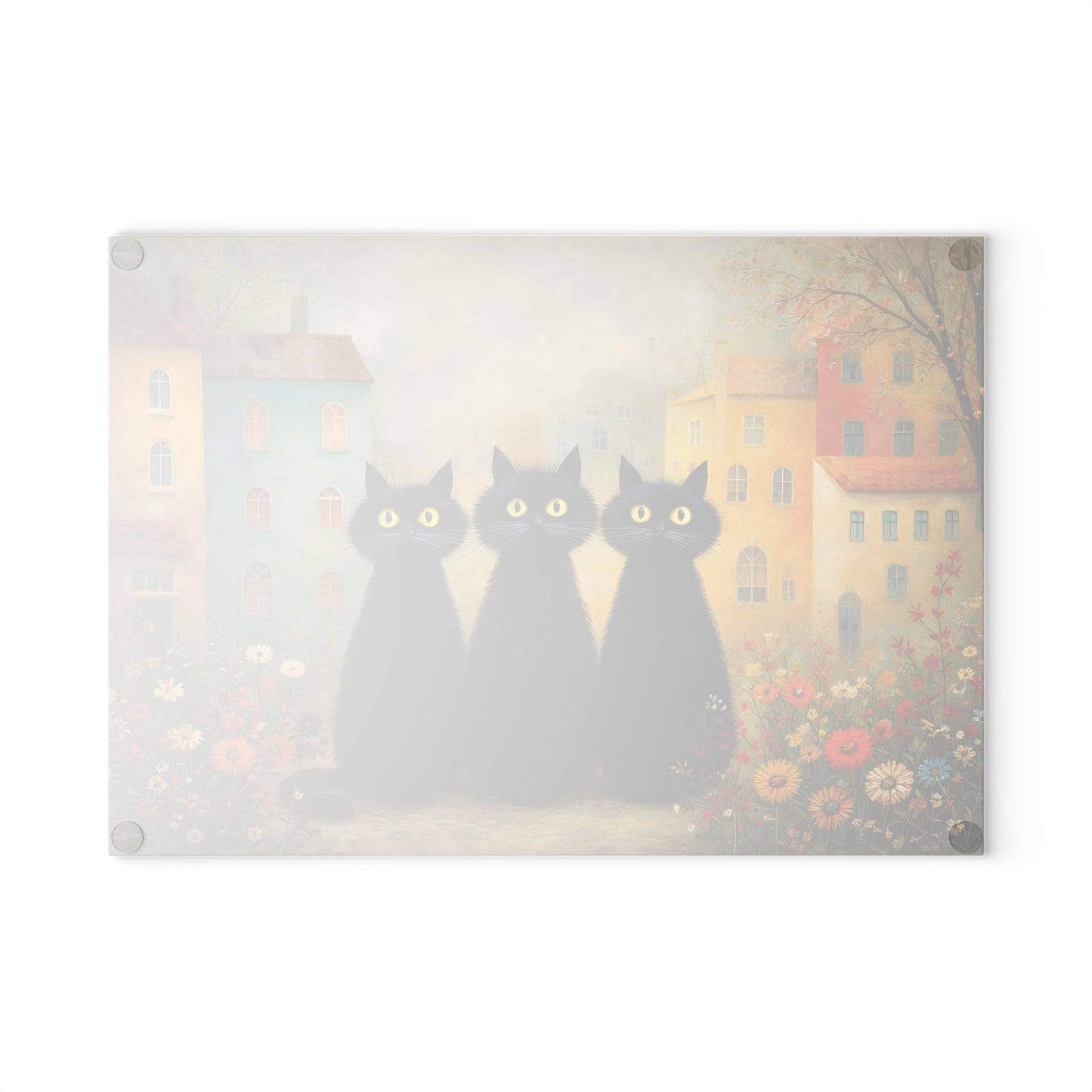 Whimsical Black Cats Village Scene Glass Cutting Board – Storybook Kitchen Art
