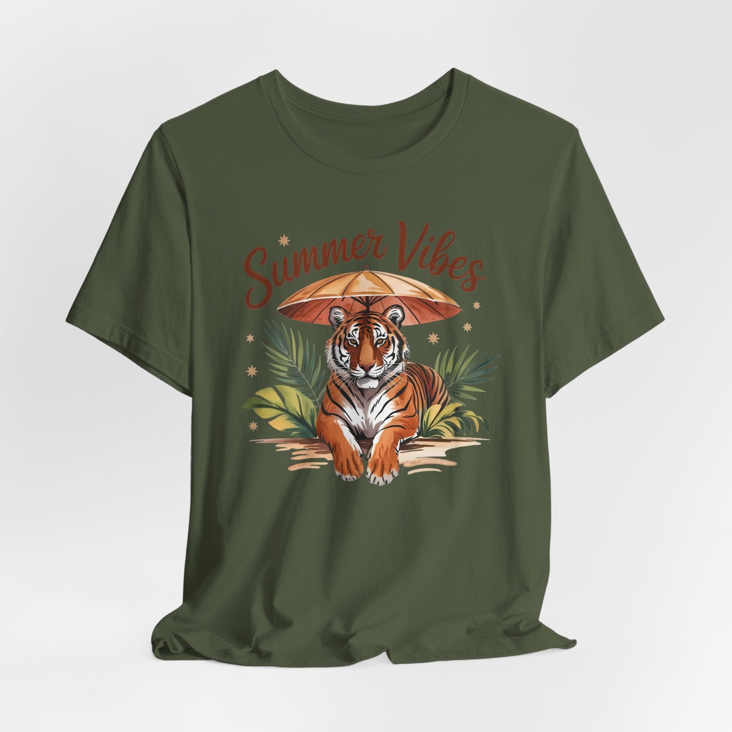 Camiseta Summer Vibes Tiger – Gráfico de palmeras de la selva con paraguas | Múltiples opciones de color