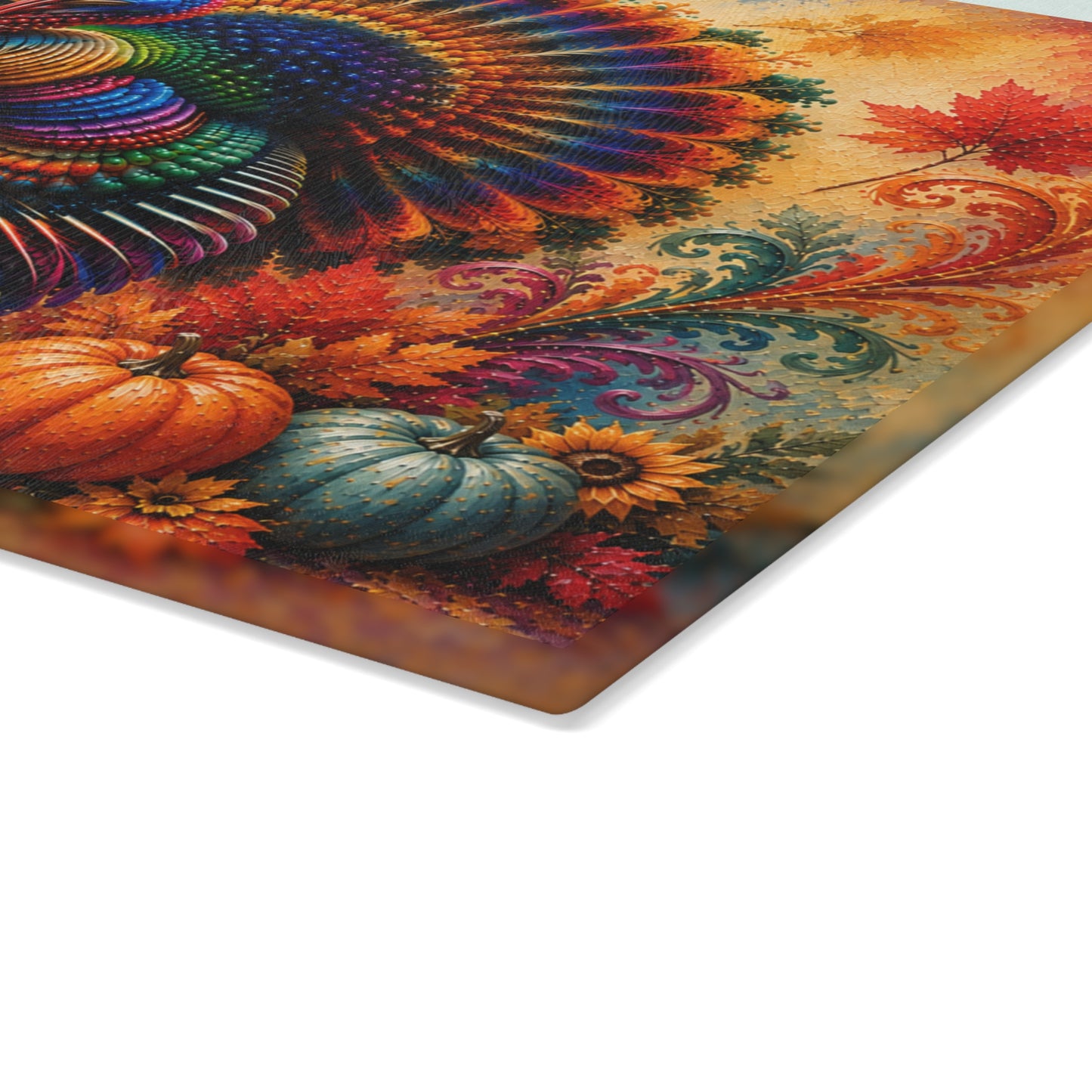Colorful Thanksgiving Turkey Glass Cutting Board – Vibrant Autumn Pumpkin & Sunflower Kitchen Decor
