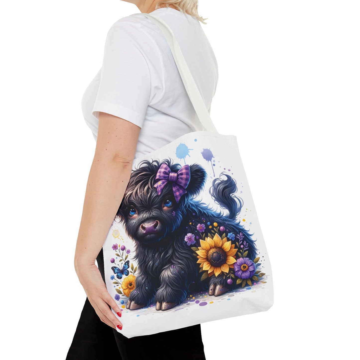 💜 Purple Bow Black Highland Calf Tote Bag – Country Charm with a Pop of Color 🐮👜