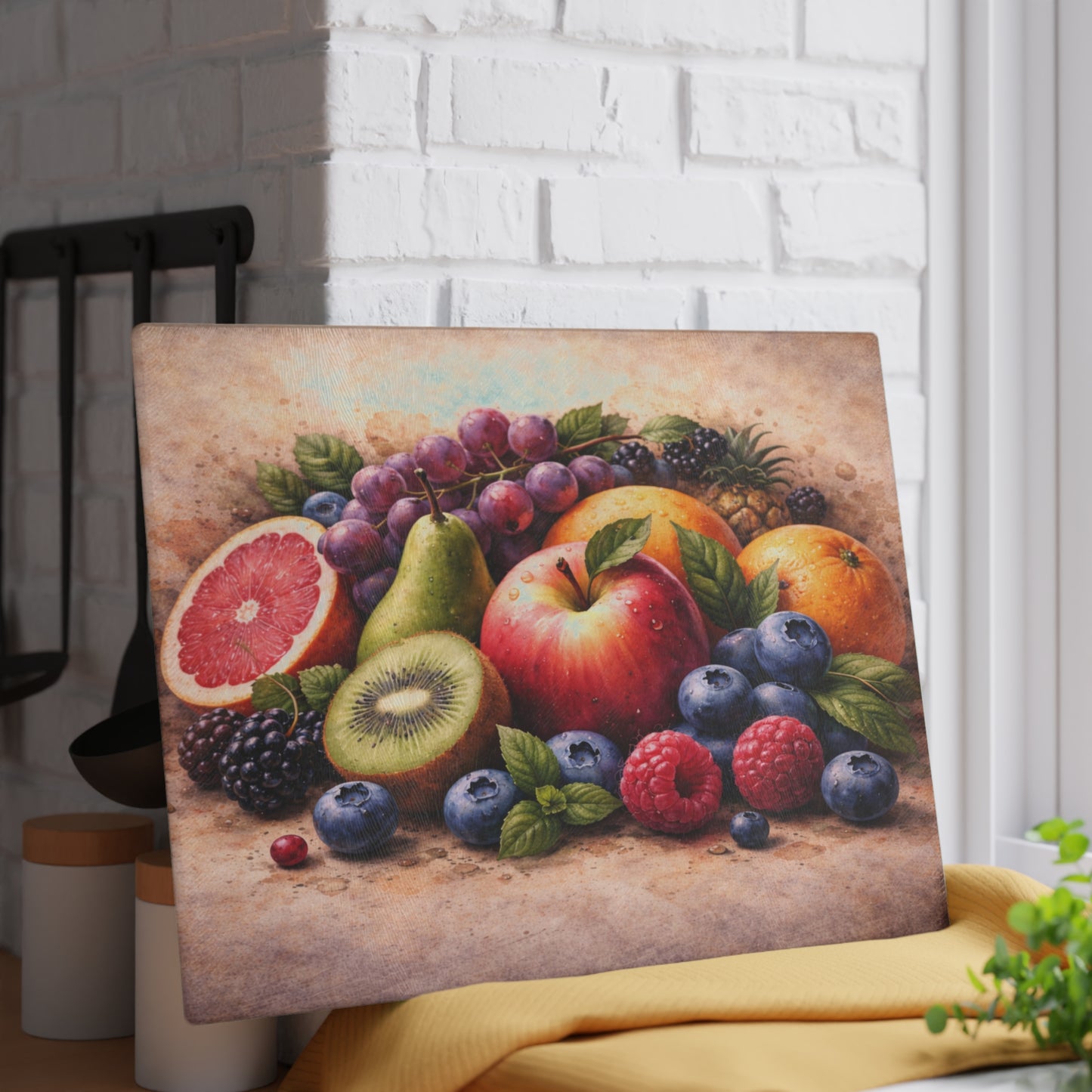 Classic Orchard Still Life Glass Cutting Board – Fruit Market Kitchen Accent