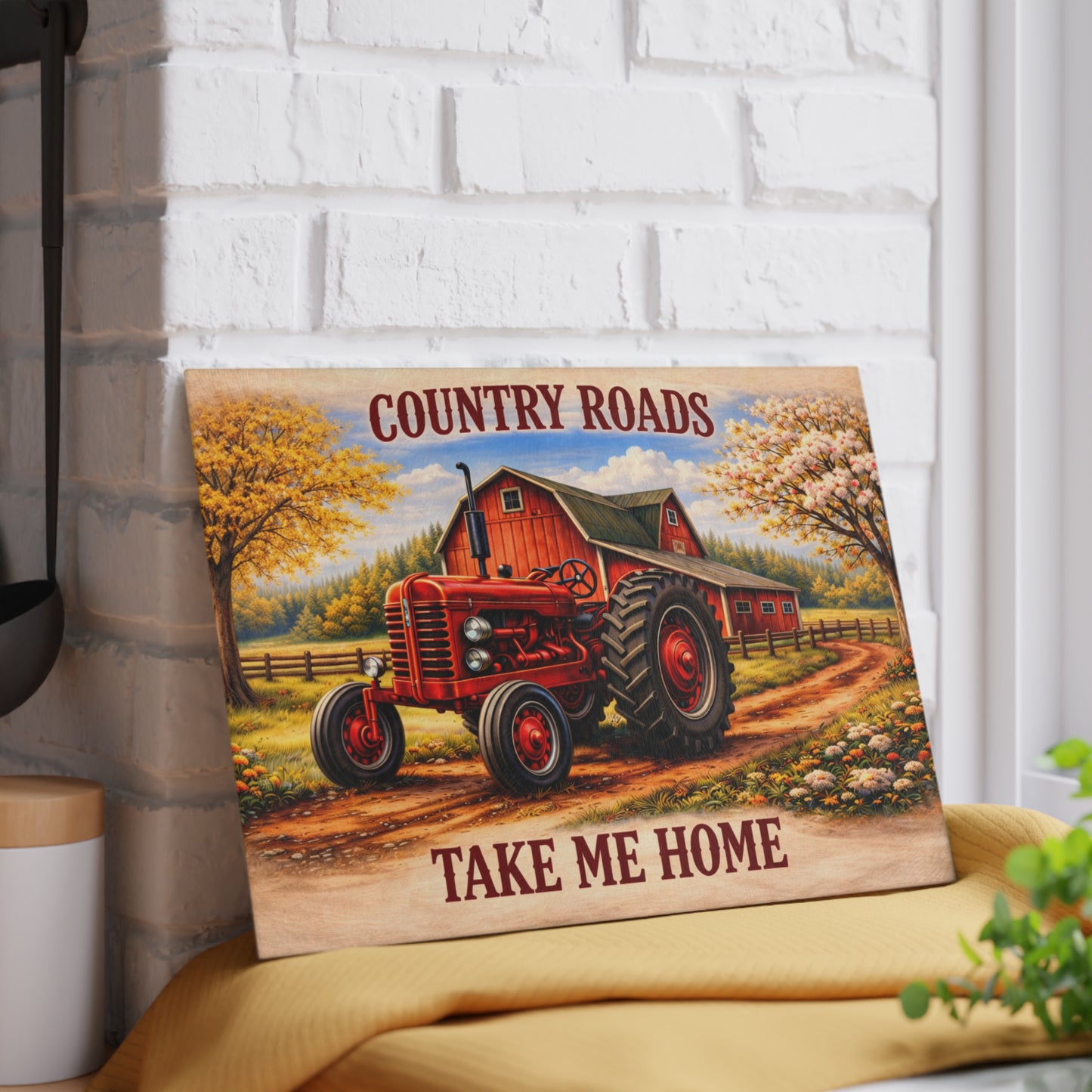Country Roads Tractor Glass Cutting Board – Rustic Farmhouse Charm for Your Kitchen