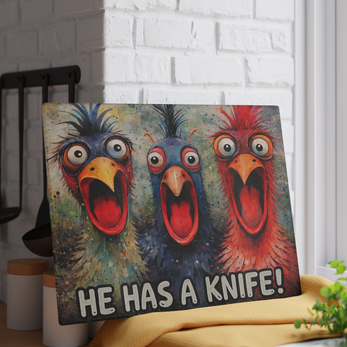 He Has a Knife! Glass Cutting Board – Funny Chicken Farm Kitchen Decor