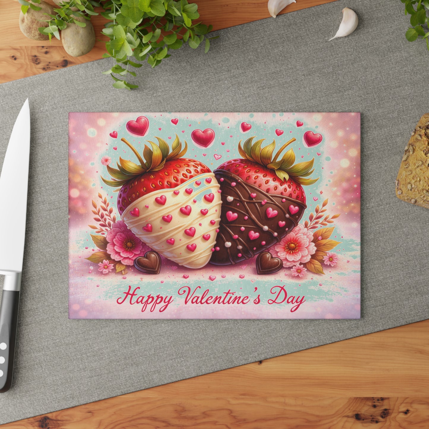 Chocolate-Covered Strawberries Valentine Glass Cutting Board – Romantic Kitchen Art Gift