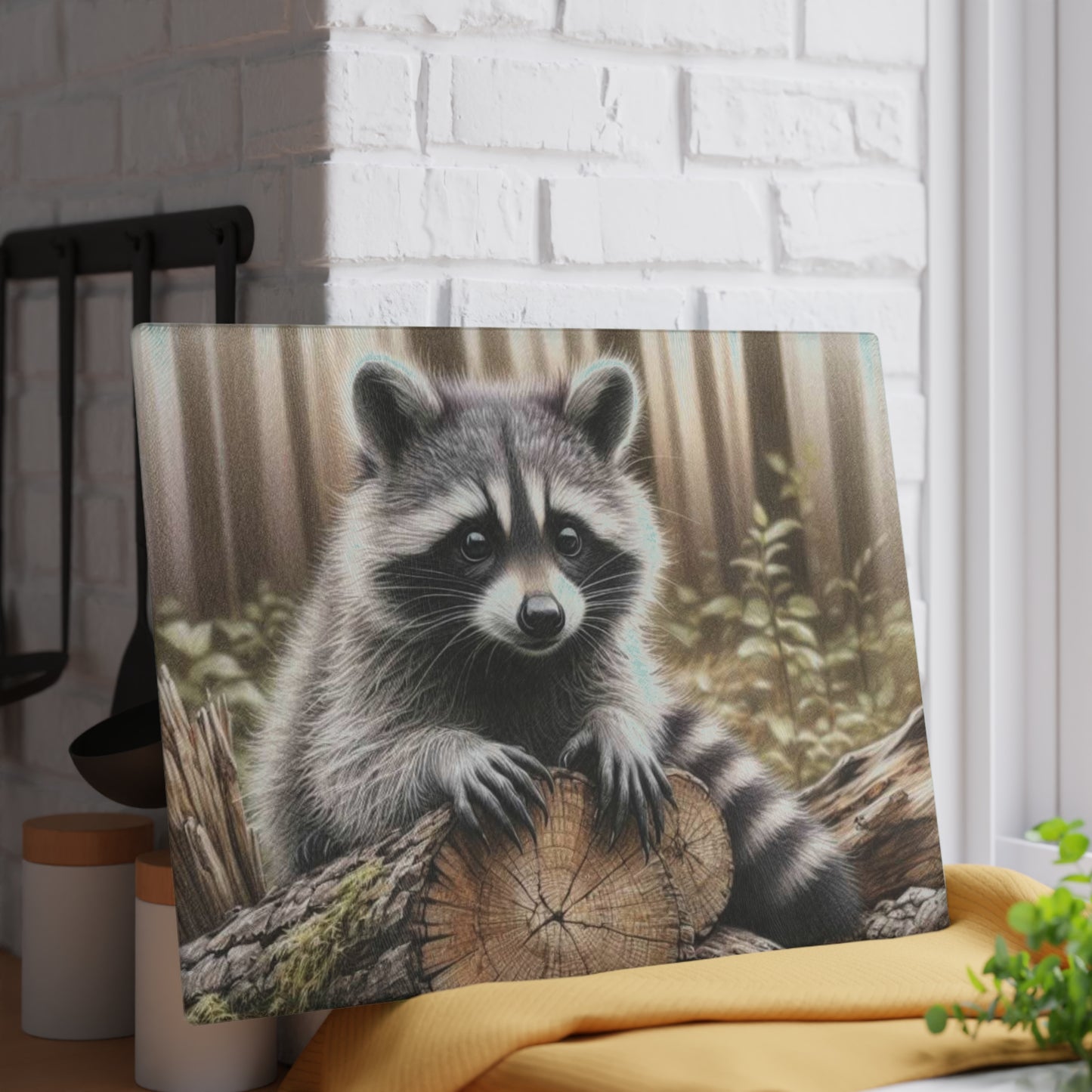 Tabla de cortar con diseño de mapache curioso: el encanto rústico se fusiona con la fantasía del bosque