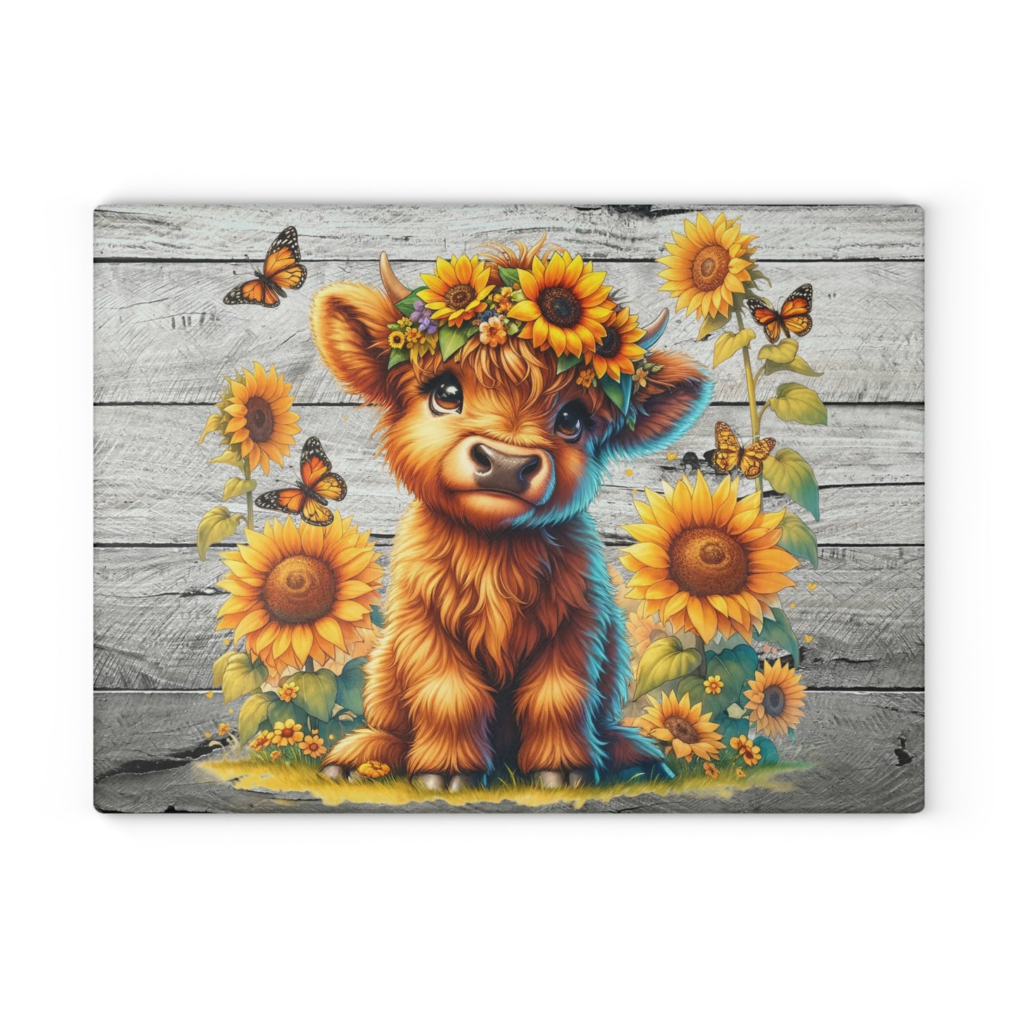 Highland Cow with Sunflowers & Butterflies – Rustic Floral Glass Cutting Board
