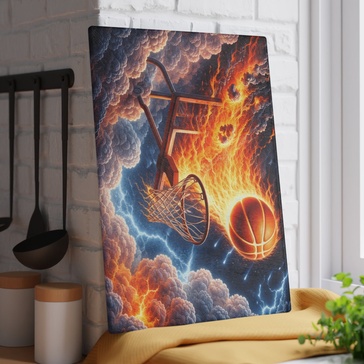 Fiery Basketball Slam Glass Cutting Board – High-Energy Sports Art for Your Kitchen