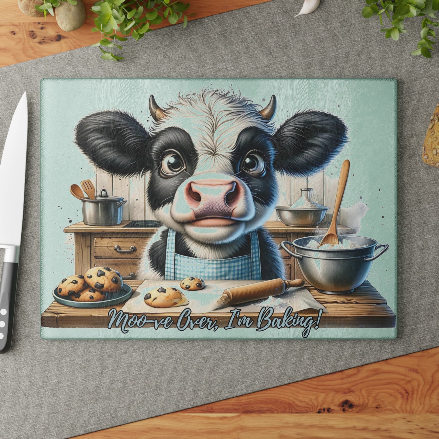 🐮🍪 “Moo-ve Over, I’m Baking!” Tempered Glass Board – Cute Cow Kitchen Laughs