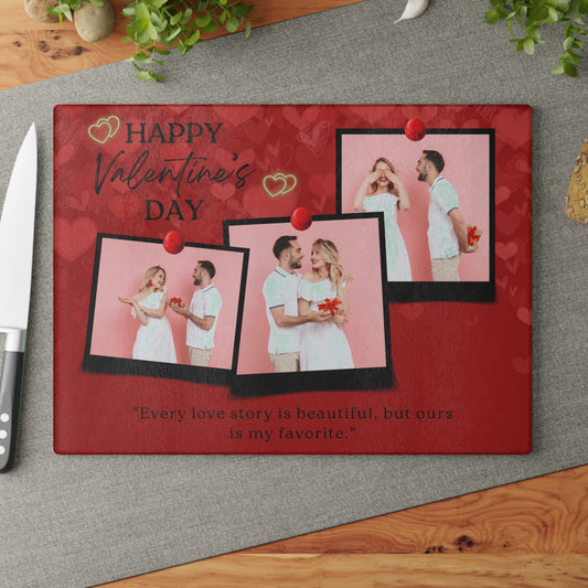 Happy Valentine’s Day Photo Collage Glass Cutting Board – Romantic Personalized Keepsake