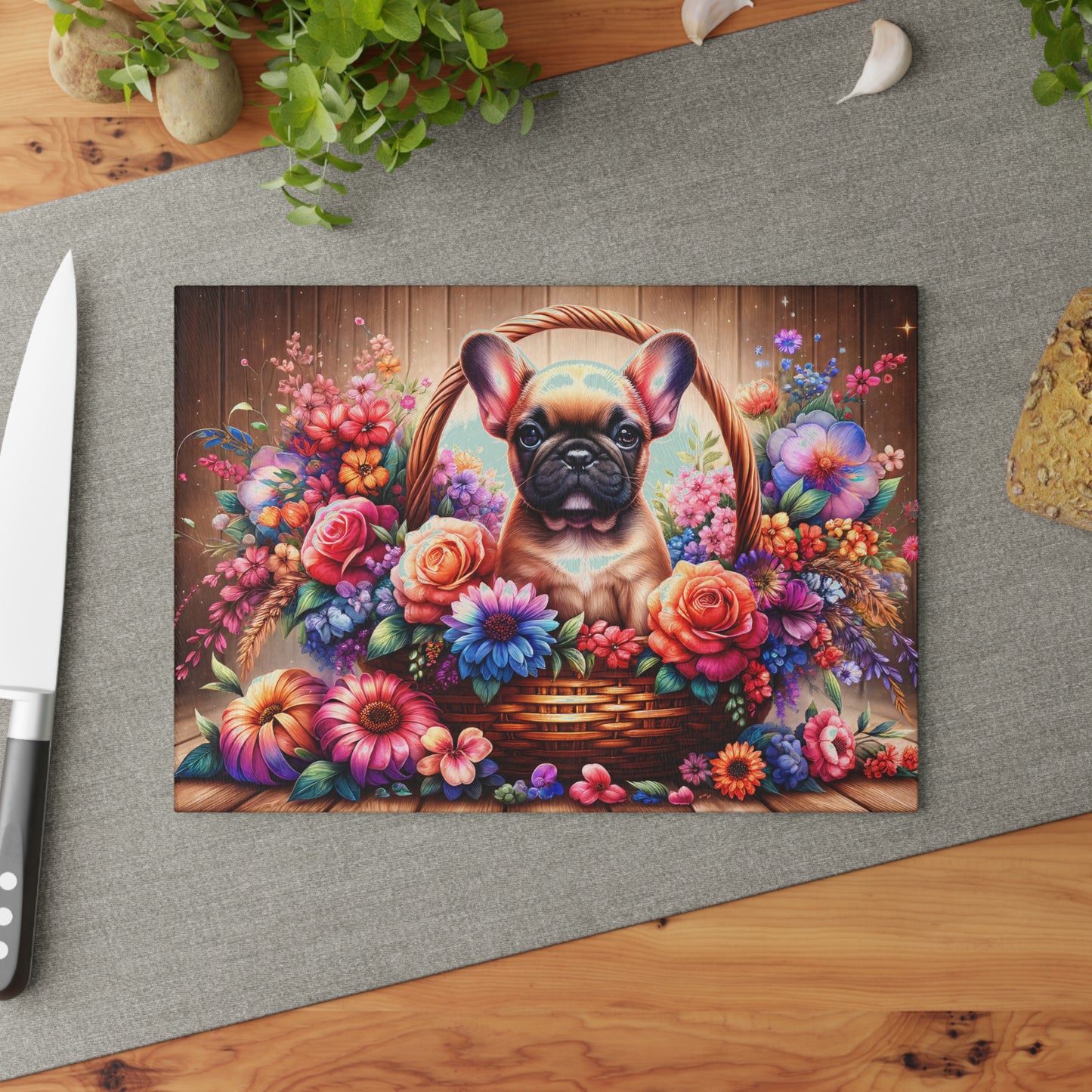 🐾 Fawn French Bulldog in Bloom Basket Cutting Board – Rustic Elegance Meets Frenchie Charm 🌼