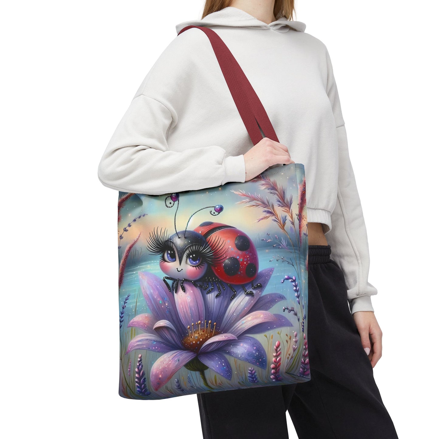 🐞 Mariquita sobre una flor junto al lago – Bolsa de tela inspirada en la naturaleza