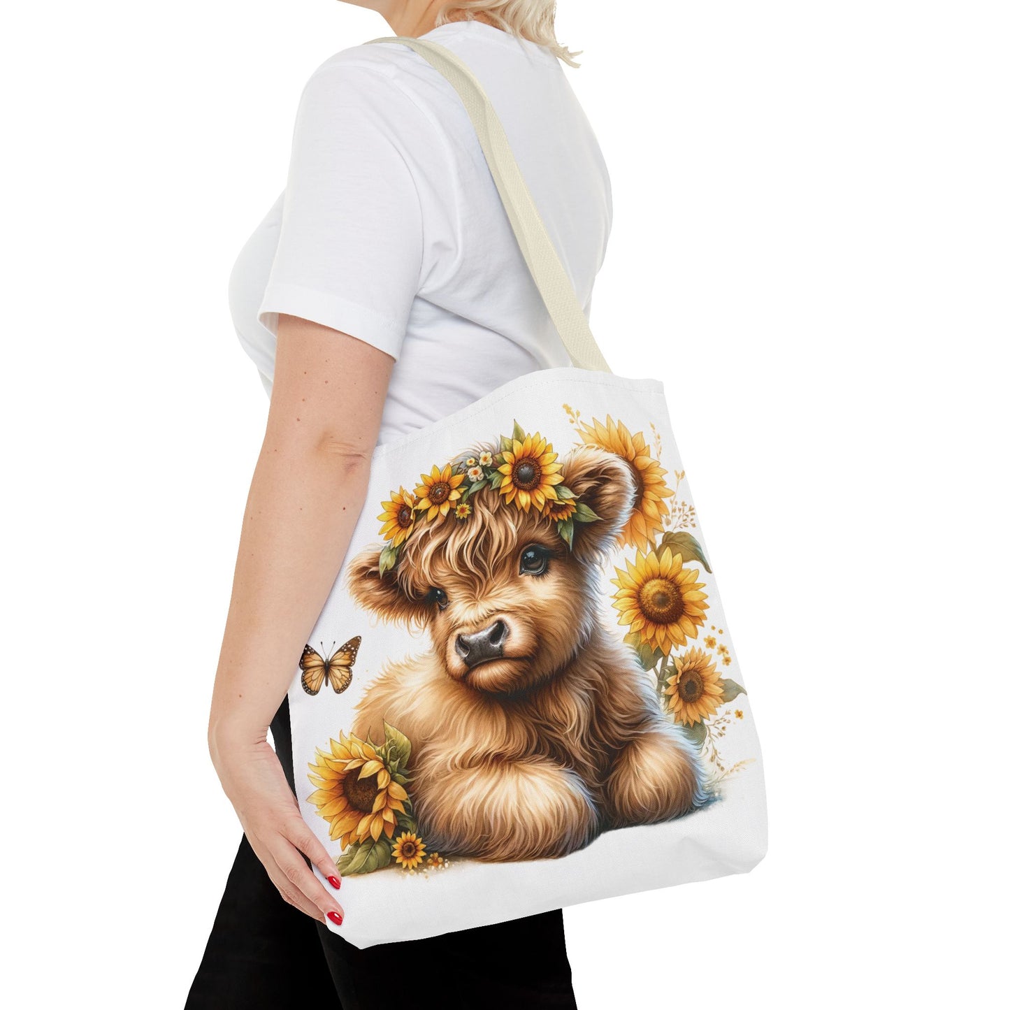 🌻 Sunflower Crown Highland Calf Tote Bag – Country Charm & Butterfly Bliss 🐮👜